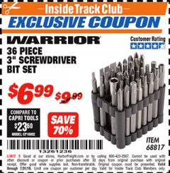 Harbor Freight ITC Coupon WARRIOR 3 IN. SCREWDRIVER BIT SET, 36-PIECE Lot No. 68817 Expired: 7/22/18 - $6.99
