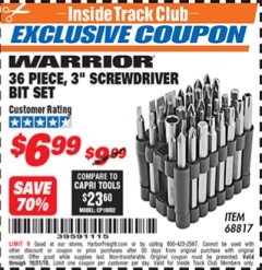 Harbor Freight ITC Coupon WARRIOR 3 IN. SCREWDRIVER BIT SET, 36-PIECE Lot No. 68817 Expired: 10/31/18 - $6.99