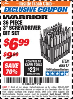 Harbor Freight ITC Coupon WARRIOR 3 IN. SCREWDRIVER BIT SET, 36-PIECE Lot No. 68817 Expired: 1/31/19 - $6.99