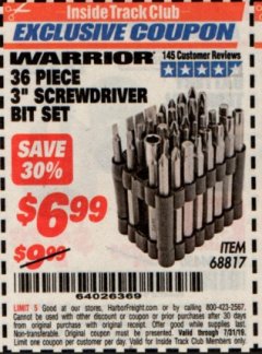 Harbor Freight ITC Coupon WARRIOR 3 IN. SCREWDRIVER BIT SET, 36-PIECE Lot No. 68817 Expired: 7/31/19 - $6.99