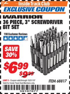 Harbor Freight ITC Coupon WARRIOR 3 IN. SCREWDRIVER BIT SET, 36-PIECE Lot No. 68817 Expired: 10/31/19 - $6.99