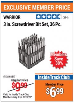 Harbor Freight ITC Coupon WARRIOR 3 IN. SCREWDRIVER BIT SET, 36-PIECE Lot No. 68817 Expired: 12/3/20 - $6.99