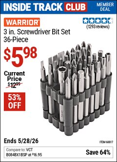 Harbor Freight ITC Coupon WARRIOR 3 IN. SCREWDRIVER BIT SET, 36-PIECE Lot No. 68817 Valid Thru: 5/28/26 - $5.98