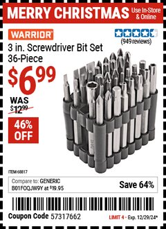 Harbor Freight Coupon WARRIOR 3 IN. SCREWDRIVER BIT SET, 36-PIECE Lot No. 68817 Expired: 12/29/24 - $6.99