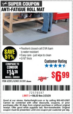 Harbor Freight Coupon HFT ANTI-FATIGUE ROLL MAT Lot No. 61241 Expired: 2/23/20 - $6.99