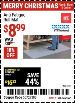 Harbor Freight Coupon HFT ANTI-FATIGUE ROLL MAT Lot No. 61241 Expired: 12/24/23 - $8.99