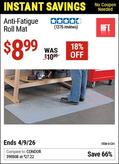 Harbor Freight Coupon HFT ANTI-FATIGUE ROLL MAT Lot No. 61241 EXPIRES: 4/9/26 - $8.99