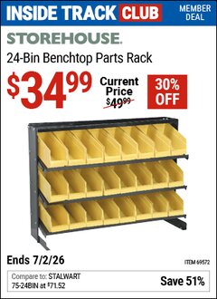 Harbor Freight ITC Coupon STOREHOUSE 24-BIN BENCHTOP PARTS RACK Lot No. 69572 Dates Valid: 12/31/69 - 7/2/26 - $34.99