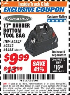 Harbor Freight ITC Coupon VOYAGER 25-POCKET MECHANICS TOOL BAG Lot No. 61468 Expired: 6/30/18 - $9.99