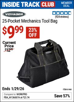 Harbor Freight ITC Coupon VOYAGER 25-POCKET MECHANICS TOOL BAG Lot No. 61468 Dates Valid: 12/31/69 - 1/29/26 - $9.99