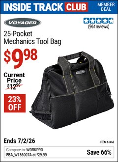 Harbor Freight ITC Coupon VOYAGER 25-POCKET MECHANICS TOOL BAG Lot No. 61468 Dates Valid: 12/31/69 - 7/2/26 - $9.98
