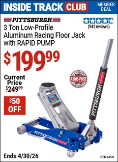 Harbor Freight ITC Coupon PITTSBURGH 3 TON LOW-PROFILE ALUMINUM RACING FLOOR JACK WITH RAPID PUMP Lot No. 64544/64834 Expired: 4/30/26 - $199.99