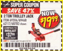 Harbor Freight Coupon PITTSBURGH 2 TON COMPACT TROLLEY JACK Lot No. 64874 Expired: 6/30/18 - $19.99