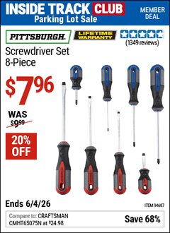Harbor Freight ITC Coupon PITTSBURGH SCREWDRIVER SET, 8-PIECE Lot No. 94607 Expired: 6/4/26 - $7.96