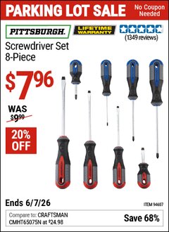 Harbor Freight Coupon PITTSBURGH SCREWDRIVER SET, 8-PIECE Lot No. 94607 Expired: 6/7/26 - $7.96