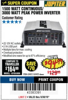 Harbor Freight Coupon JUPITER 1500 WATT CONTINUOUS/3000 WATT PEAK MODIFIED SINE WAVE POWER INVERTER Lot No. 63432/57354 Expired: 9/30/19 - $94.99