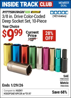 Harbor Freight ITC Coupon PITTSBURGH PRO 3/8 IN. DRIVE COLOR-CODED DEEP SOCKET SET, 10-PIECE Lot No. 69346/69344 Dates Valid: 12/31/69 - 1/29/26 - $9.99