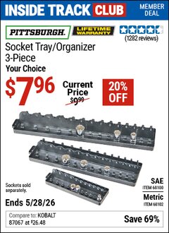 Harbor Freight Coupon PITTSBURGH METRIC SOCKET TRAY/ORGANIZER, 3-PIECE Lot No. 68102 Valid: 12/31/69 - 5/28/26 - $7.96