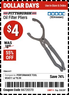 Harbor Freight Coupon PITTSBURGH OIL FILTER PLIERS Lot No. 61477/63666 Expired: 5/6/26 - $4