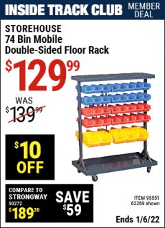 Harbor Freight ITC Coupon STOREHOUSE 74-BIN MOBILE DOUBLE-SIDED FLOOR RACK Lot No. 62269/95551 Expired: 1/6/22 - $129.99