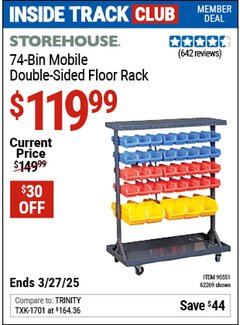 Harbor Freight ITC Coupon STOREHOUSE 74-BIN MOBILE DOUBLE-SIDED FLOOR RACK Lot No. 62269/95551 Expired: 3/27/25 - $119.99